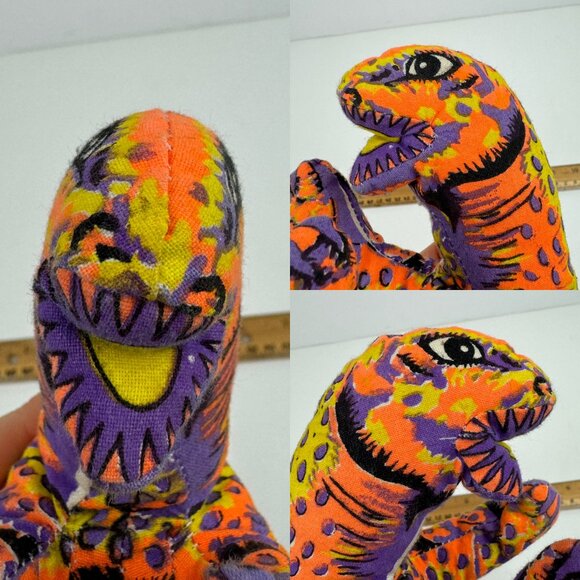 Vtg Play by Play Soft Plush Dinosaur Stuffed Animal Neon Orange Purple Black - Picture 8 of 11